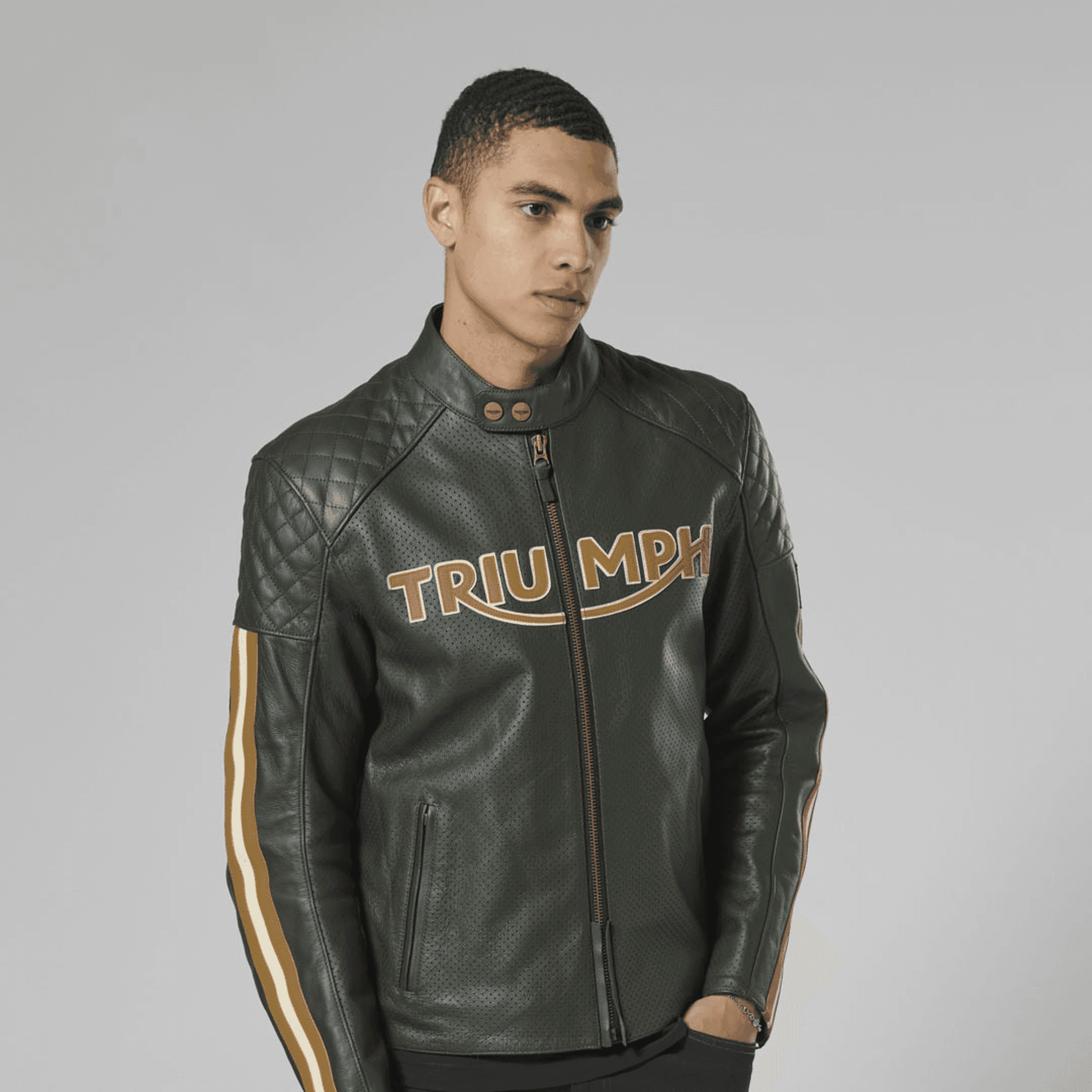 Campera Moto Cuero Con Protecciones Verde Braddan Triumph